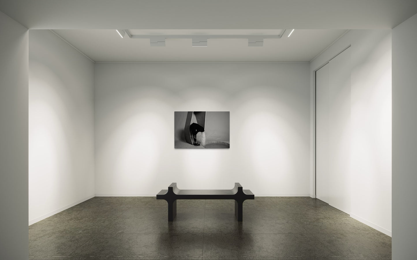 Fountain of Youth large-scale surreal photography displayed in a minimalist room with a bench