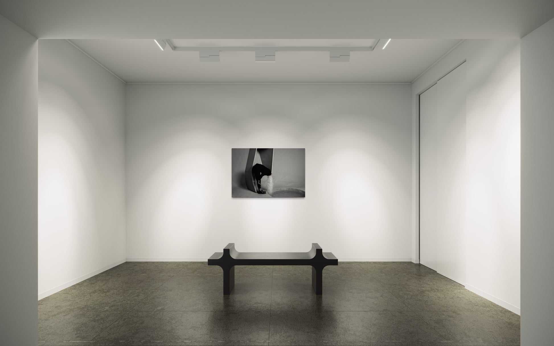 Fountain of Youth large-scale surreal photography displayed in a minimalist room with a bench