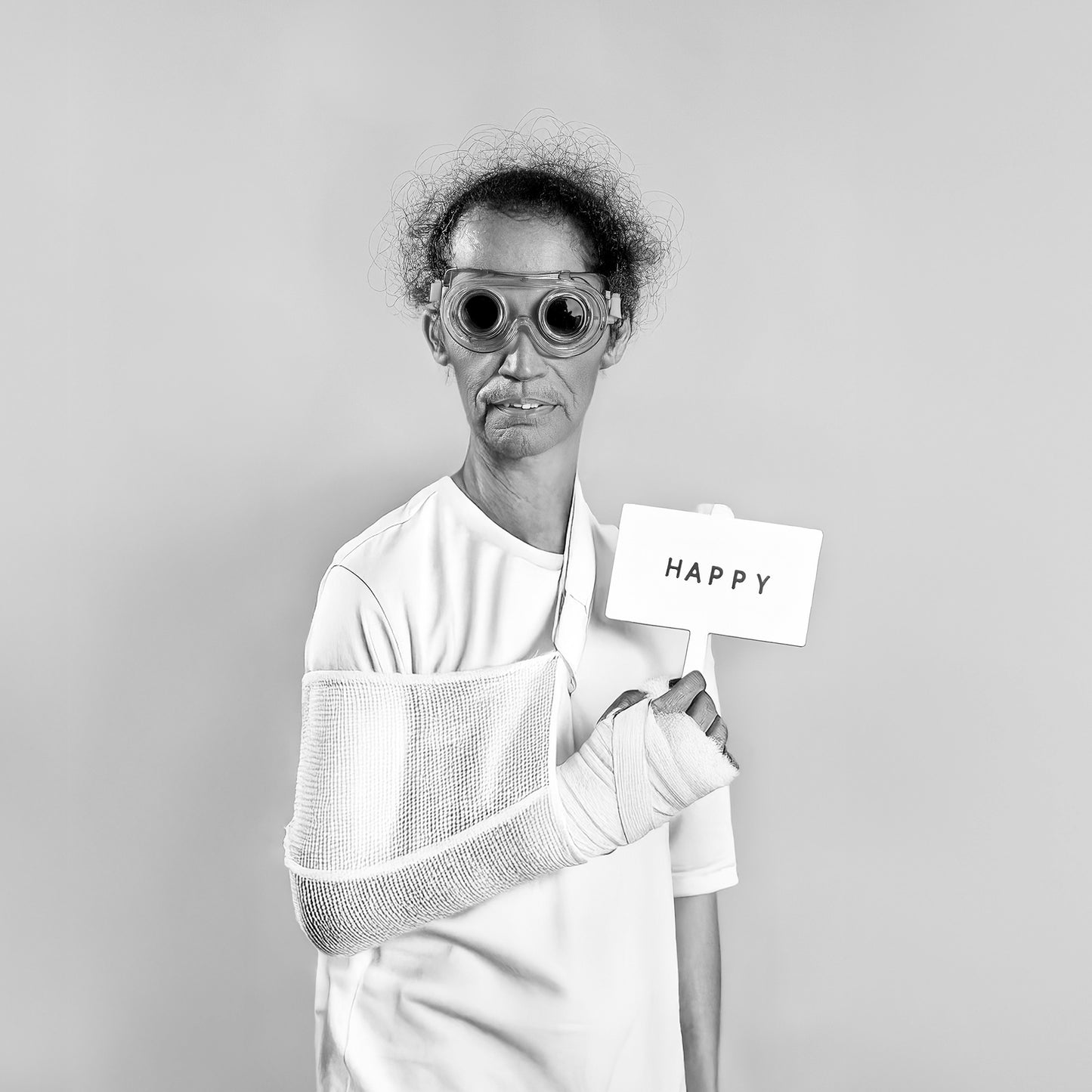 Happy, Apparently by Erin Naifeh - darkly funny black and white photography of figure with broken arm in sling holding Happy sign wearing goggles